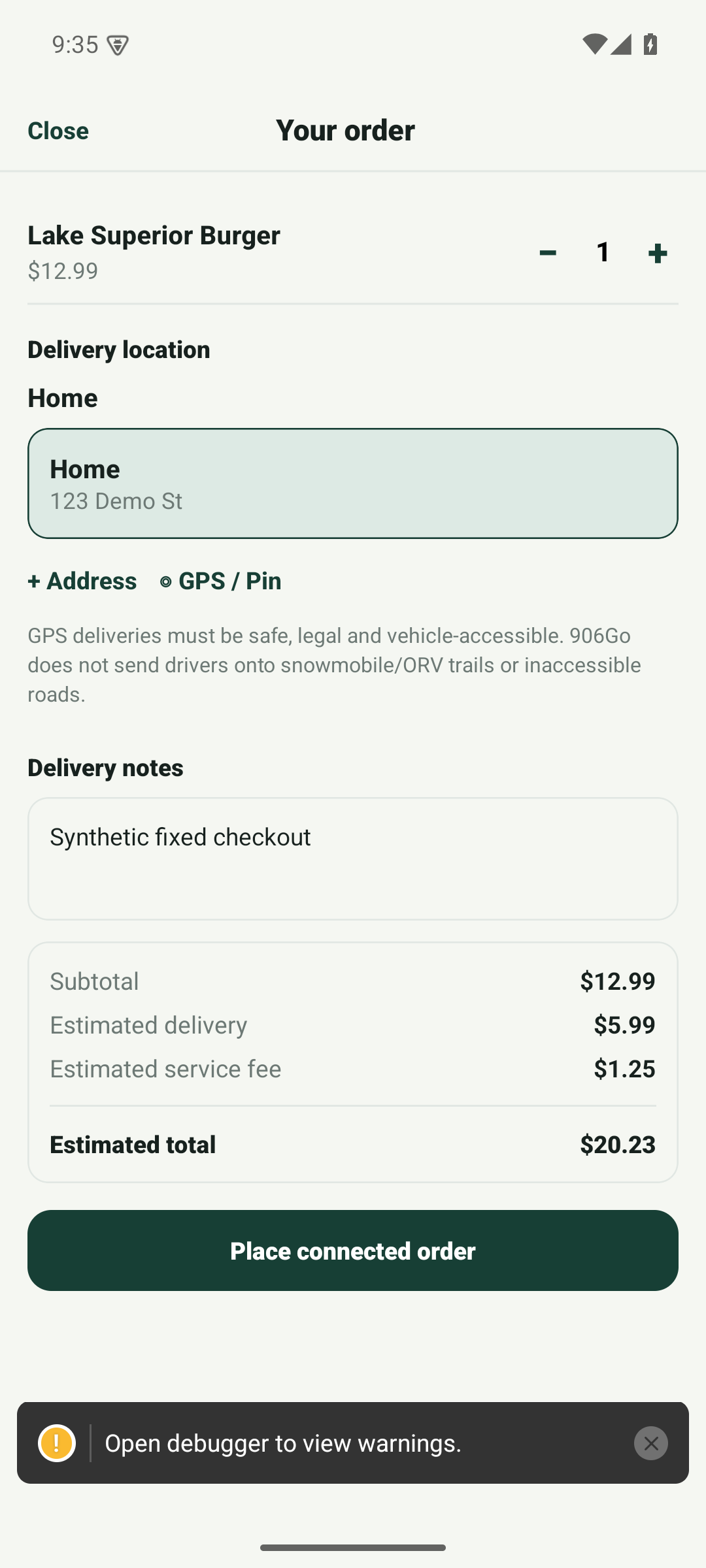 906GO Android development build checkout using synthetic demo data