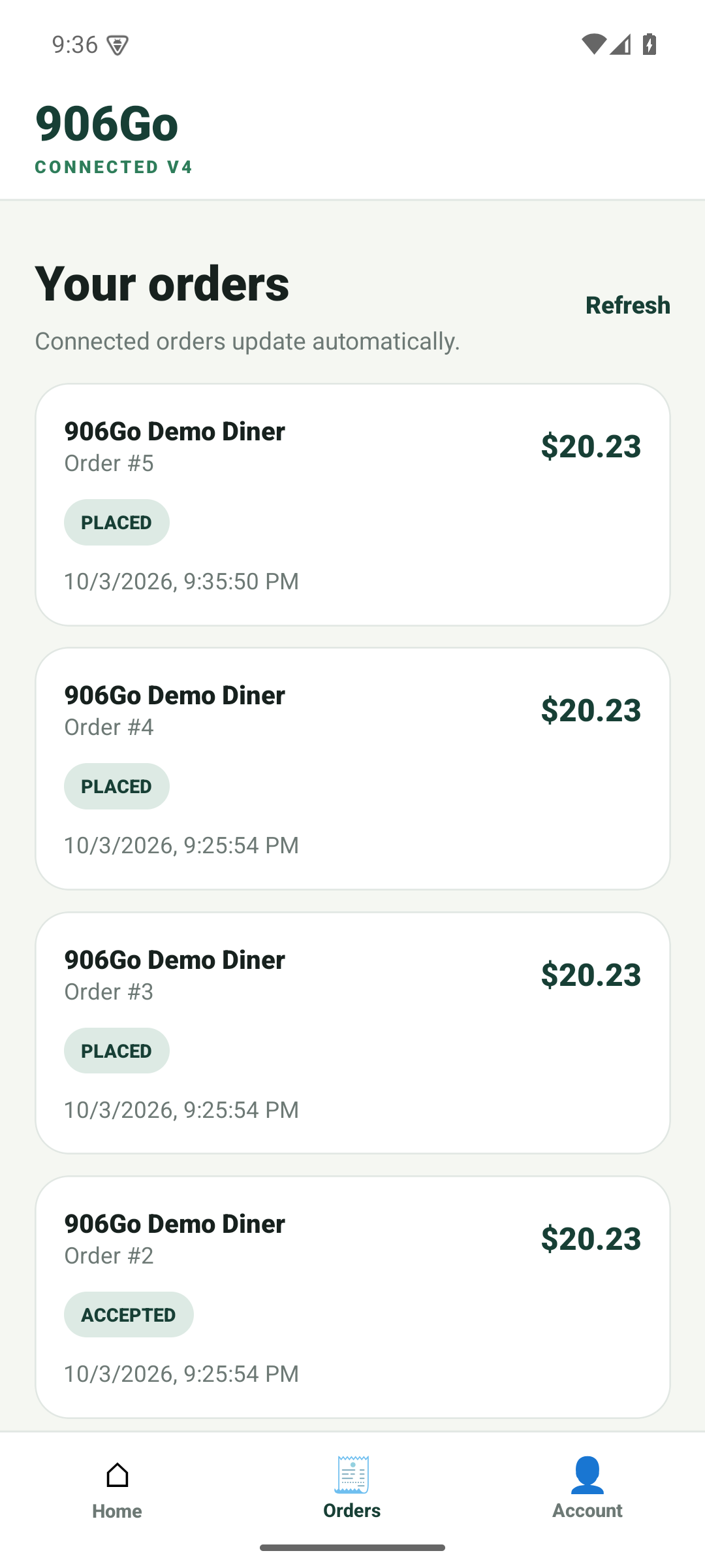 906GO Android development build showing demo orders