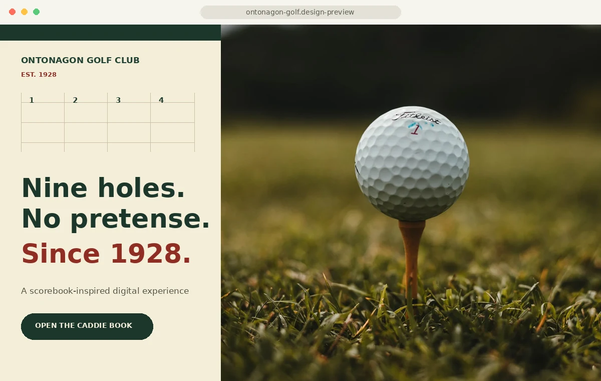 Ontonagon Golf Club scorebook-inspired website redesign preview