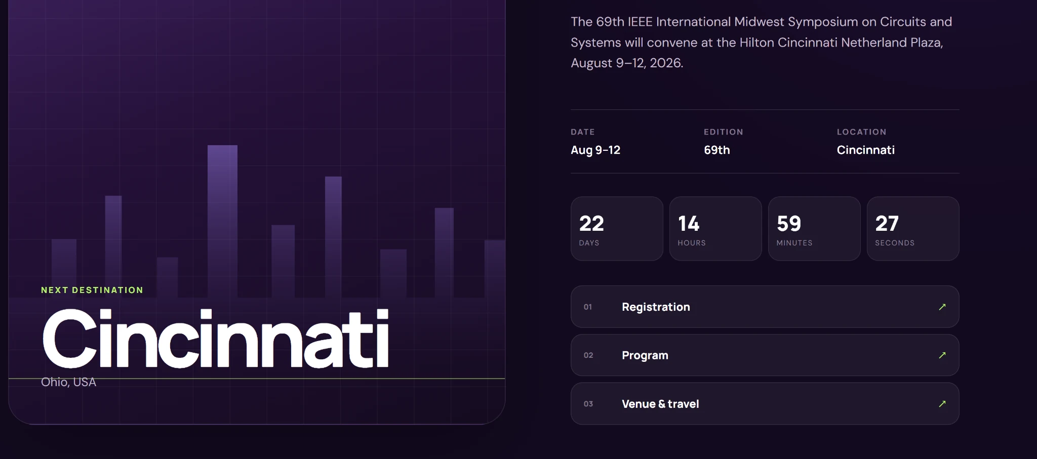 Redesigned IEEE MWSCAS website showing the 2026 Cincinnati conference feature